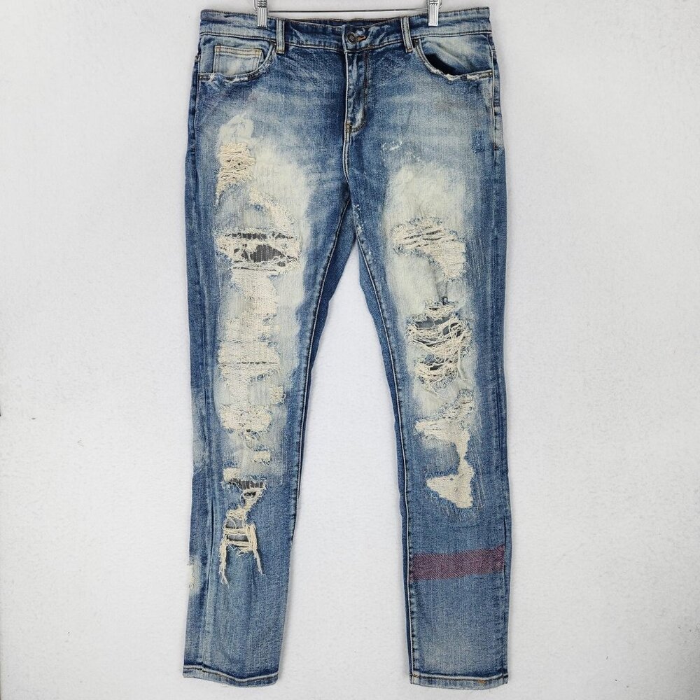Embellish Jeans Mens 36X33 Blue Distressed Ripped Destroyed Skinny Denim Grunge